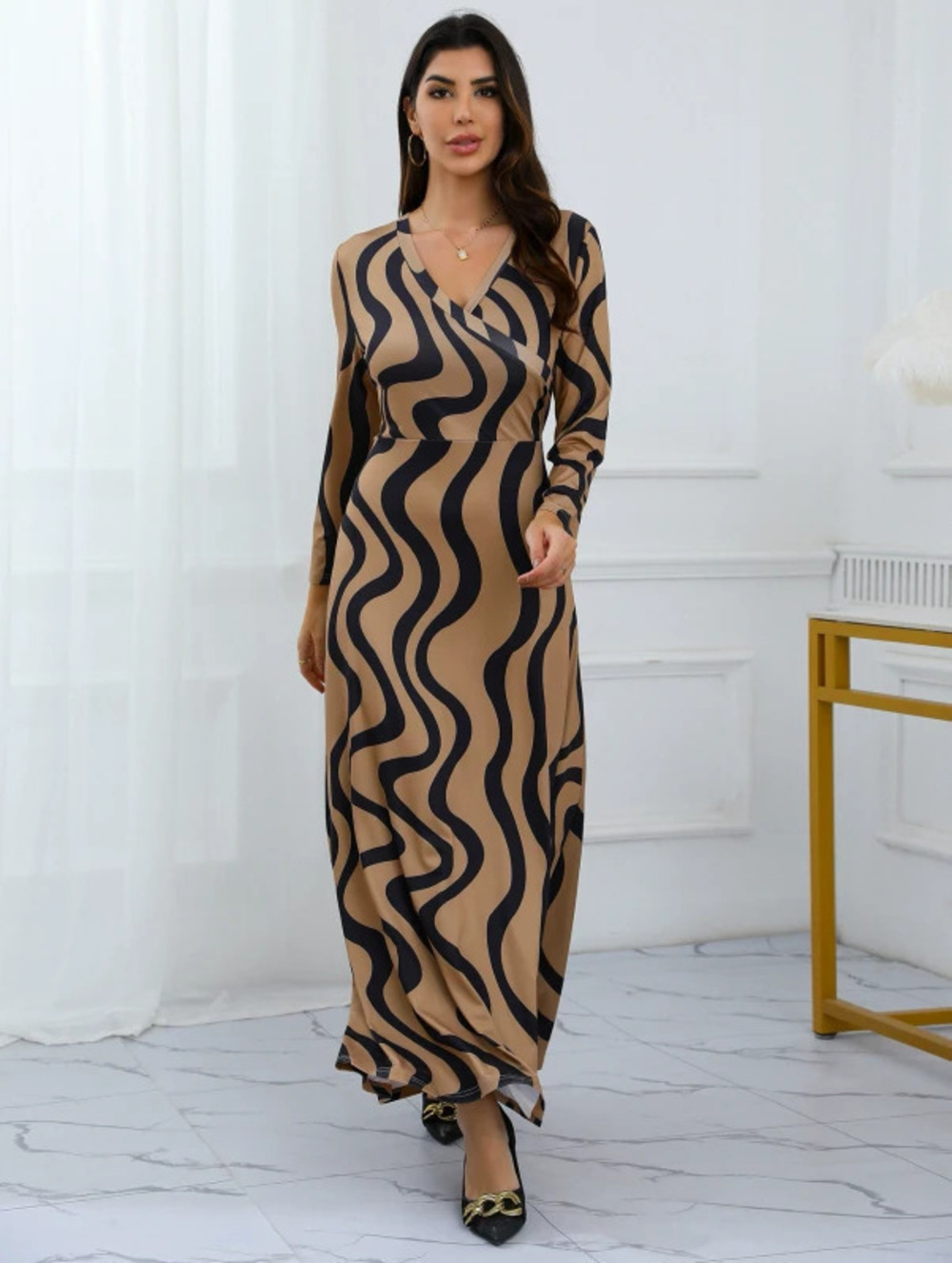 Elegant Leopard Print Long Sleeve Maxi Dress Autumn New Arrival Real Shot